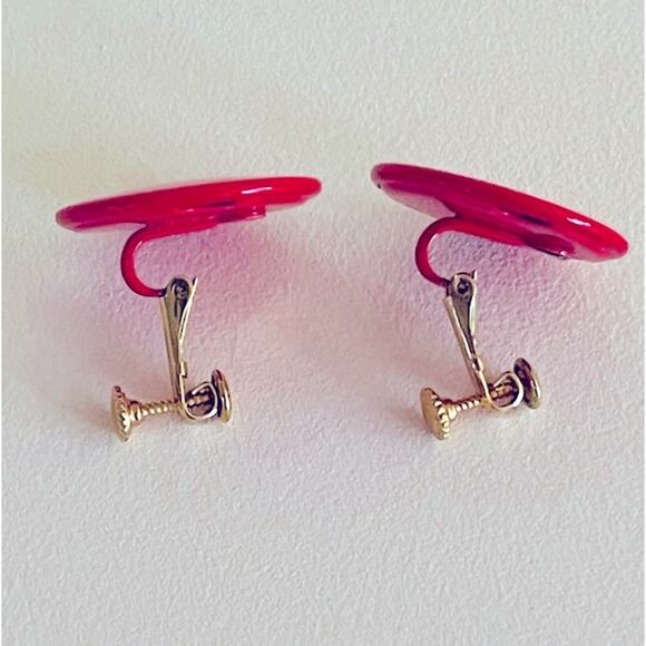 Vtg Red MCM Circle Round Earrings Screw-back Clip-on Geometric Retro Disc - Picture 4 of 11